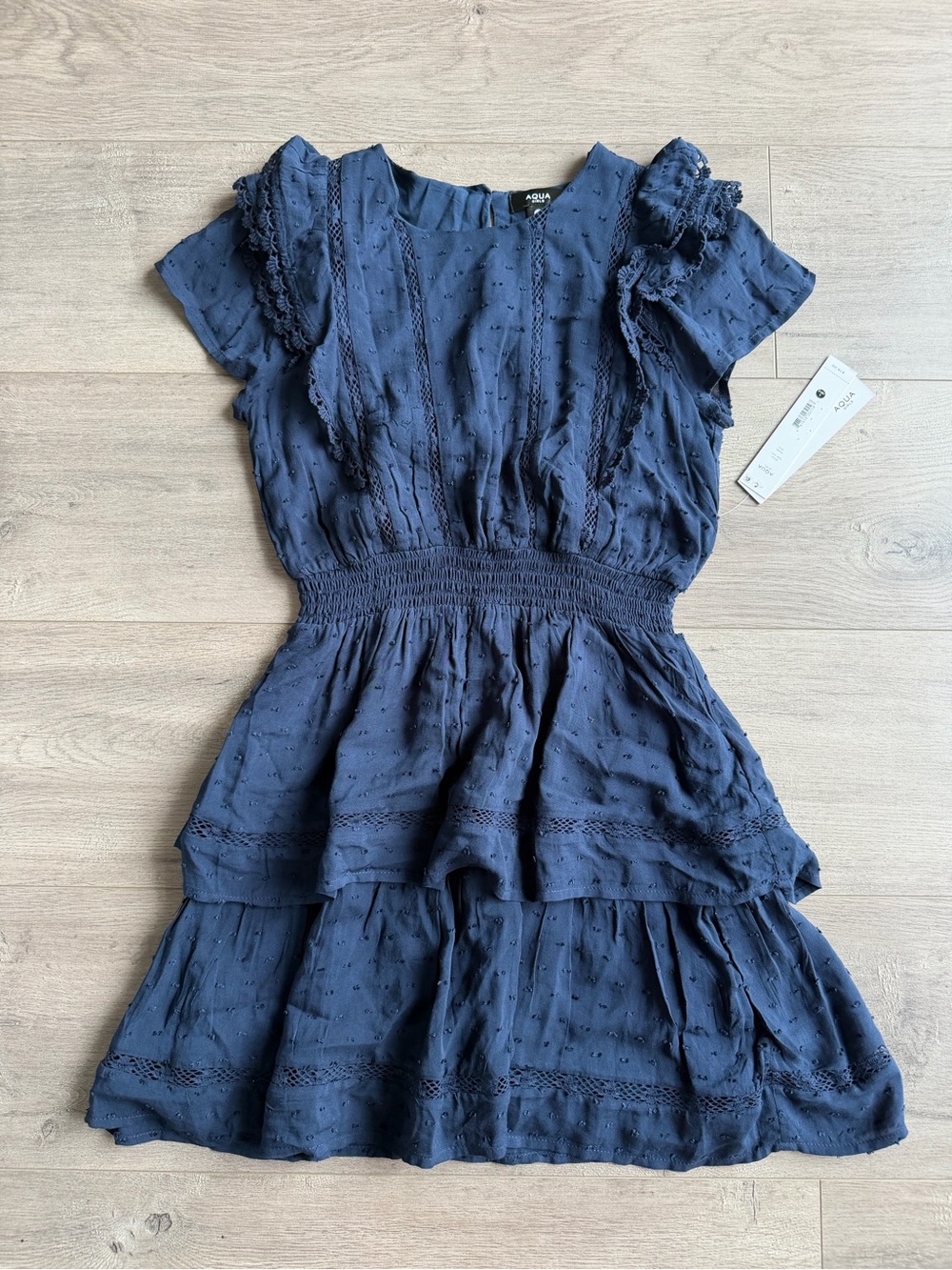 NWT Aqua Girls Textured Smocked Tiered Mini Dress - navy - size large (10-12)